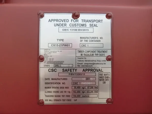 20ft-HC-Pallet-Wide-Removalist-CSC-Plate.webp 20ft Hoge Kubus Pallet Brede Verhuiscontainer